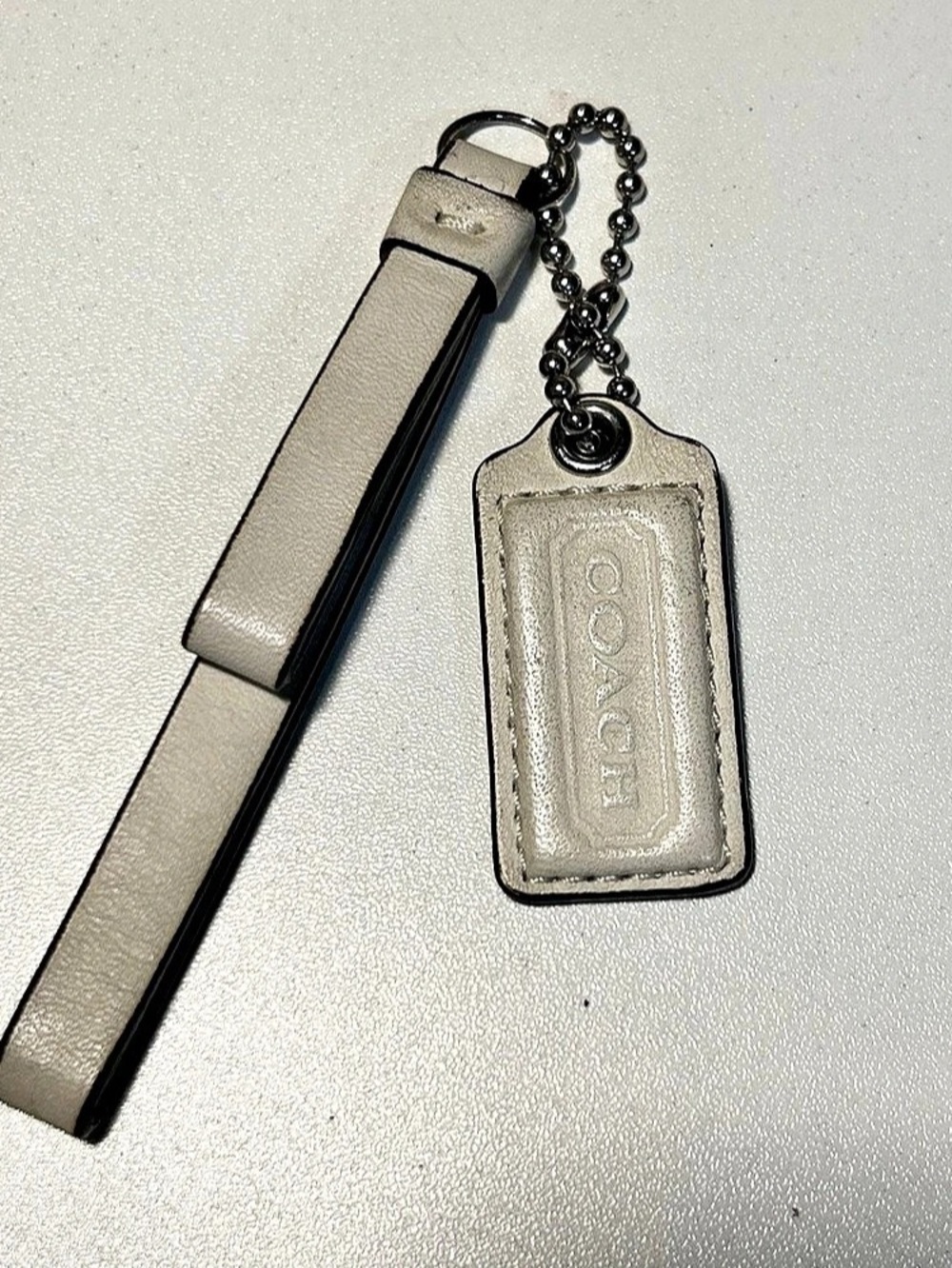 Coach Ivory Hang Tag with Leather Strap Silver Tone Chain Keychain Bag Charm
